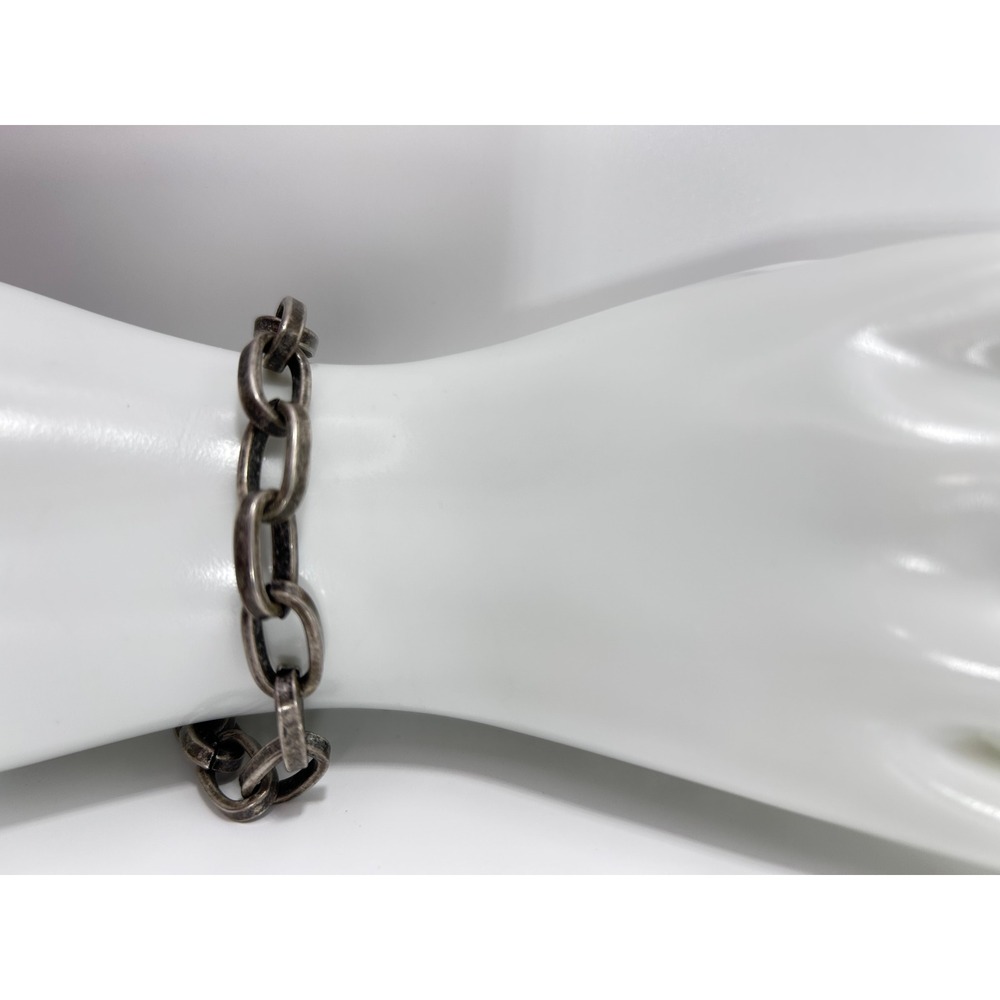 Antiqued Silver Tone Oval Link Chain Bracelet Textured Toggle Clasp 6.5 Inch